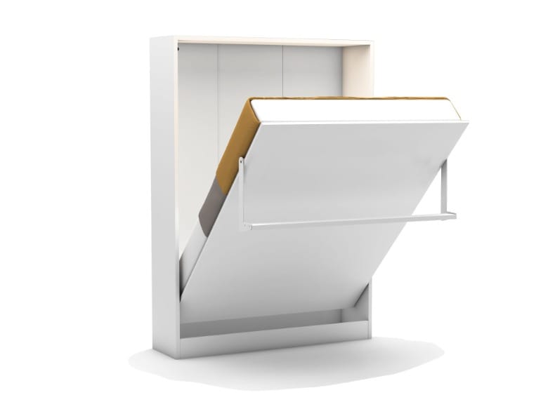 Opklapbed in halfopen stand, minimalistisch en ruimtebesparend ontwerp voor multifunctionele kamers