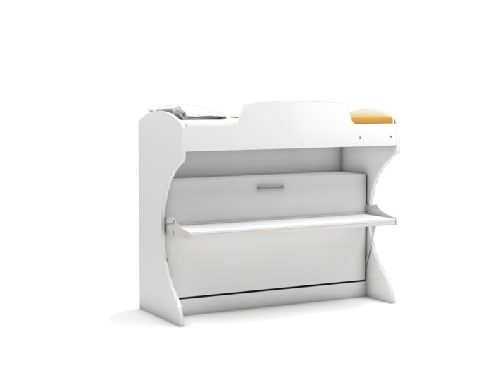 Opklapbaar stapelbed in modern wit design van Bremafa – ruimtebesparende slaapoplossing voor kleine kamers of logeerkamers.
