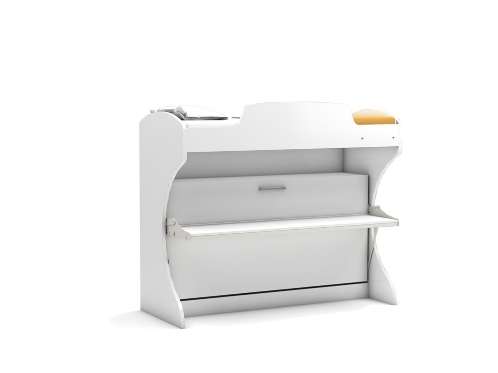 Opklapbaar stapelbed in modern wit design van Bremafa – ruimtebesparende slaapoplossing voor kleine kamers of logeerkamers.