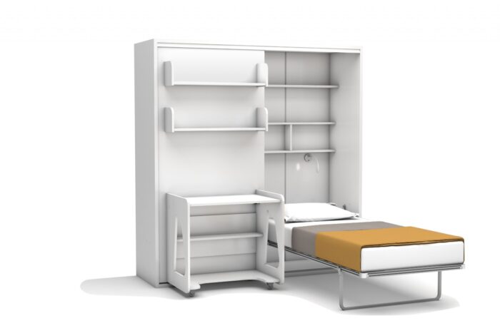 Opklapbed maat 90 x 190, verticaal, met kledingkast, boekenkast en bureau - Afbeelding 2