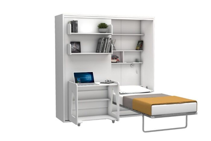 Opklapbed maat 90 x 190, verticaal, met kledingkast, boekenkast en bureau