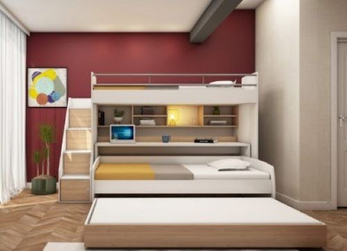 Moderne slaapkamer met een multifunctioneel stapelbed inclusief bureau, opbergruimte en uitschuifbaar logeerbed.