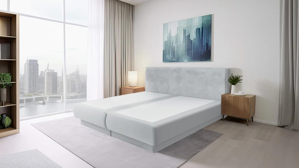 Moderne slaapkamer met een stijlvolle boxspring en panoramisch uitzicht over de stad.