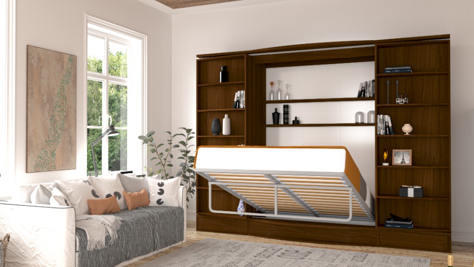 Opklapbedden met geïntegreerde kasten en strak wit design