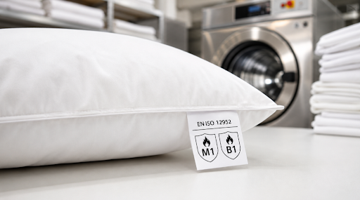 Een wit projectkwaliteit brandvertragend hoofdkussen van Bremafa met een duidelijk zichtbaar waslabel met de certificeringen EN ISO 12952, M1 en B1, gefotografeerd in een professionele wasserijomgeving met een industriële wasmachine op de achtergrond.