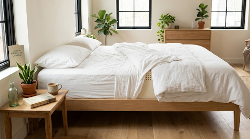 Ein minimalistisch ontworpen slaapkamer met een opgemaakt bed van natuurlijk hout, witte biologisch katoenen lakens en kamerplanten, de ideale setting voor een organisch natuurlatex matras.