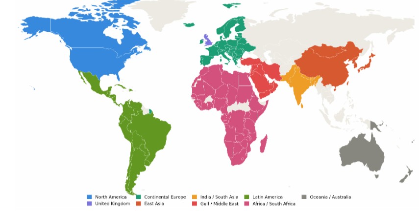 Een kleurgecodeerde wereldkaart van matrassenfabrikant Bremafa die de verschillende wereldregio's toont voor het vergelijken van internationale matrasmaten en slaapvoorkeuren.