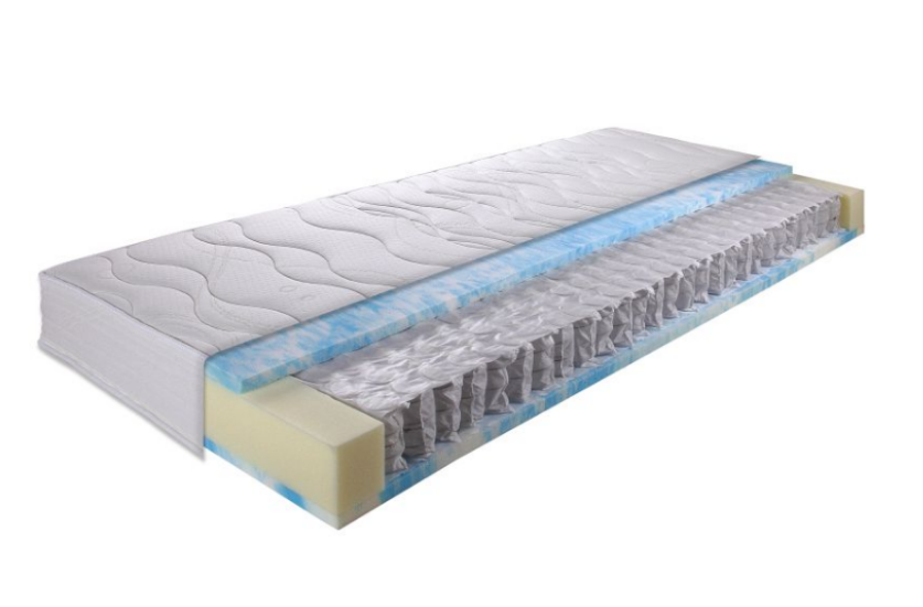 Doorsnede van een Bremafa CO2-neutraal duurzaam pocketvering matras met natuurlijke schuimlagen.