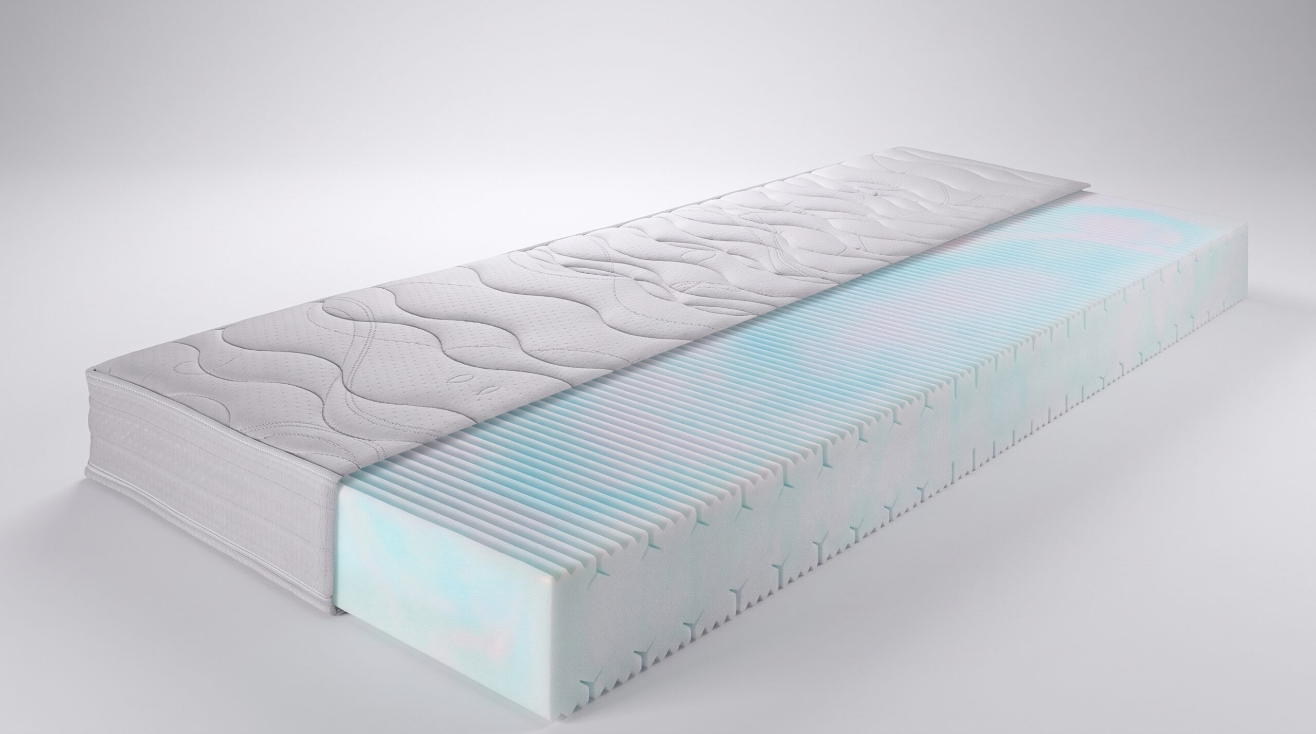 Bremafa Eco-Line koudschuim matras opengewerkt met zichtbare CO2-neutrale HR55 schuimkern en geprofileerde comfortzones.