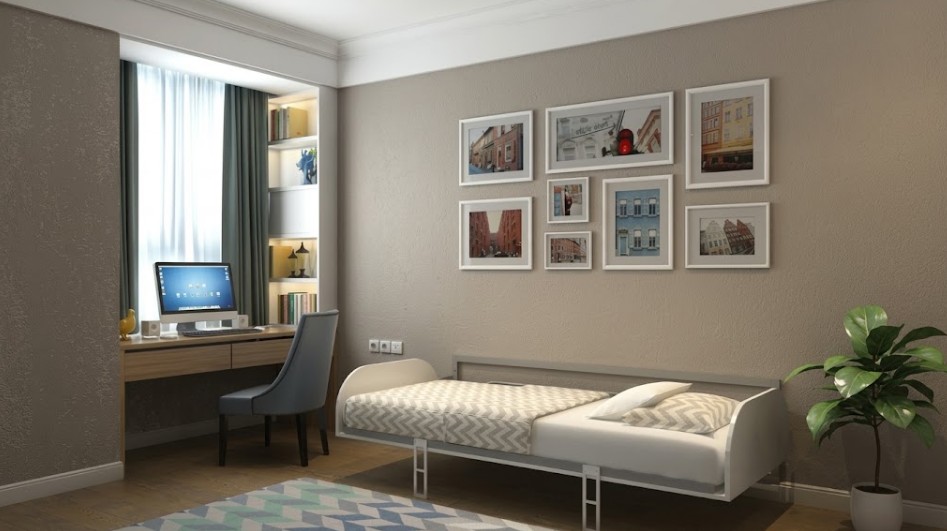 Horizontaal opklapbare bedkast van Bremafa in uitgeklapte stand binnen een multifunctionele studio met een thuiskantoor.