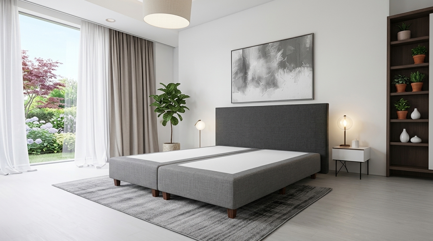 Twee geschakelde grijze Bremafa Odense boxsprings met hoofdbord in een stijlvol ingerichte hotelkamer