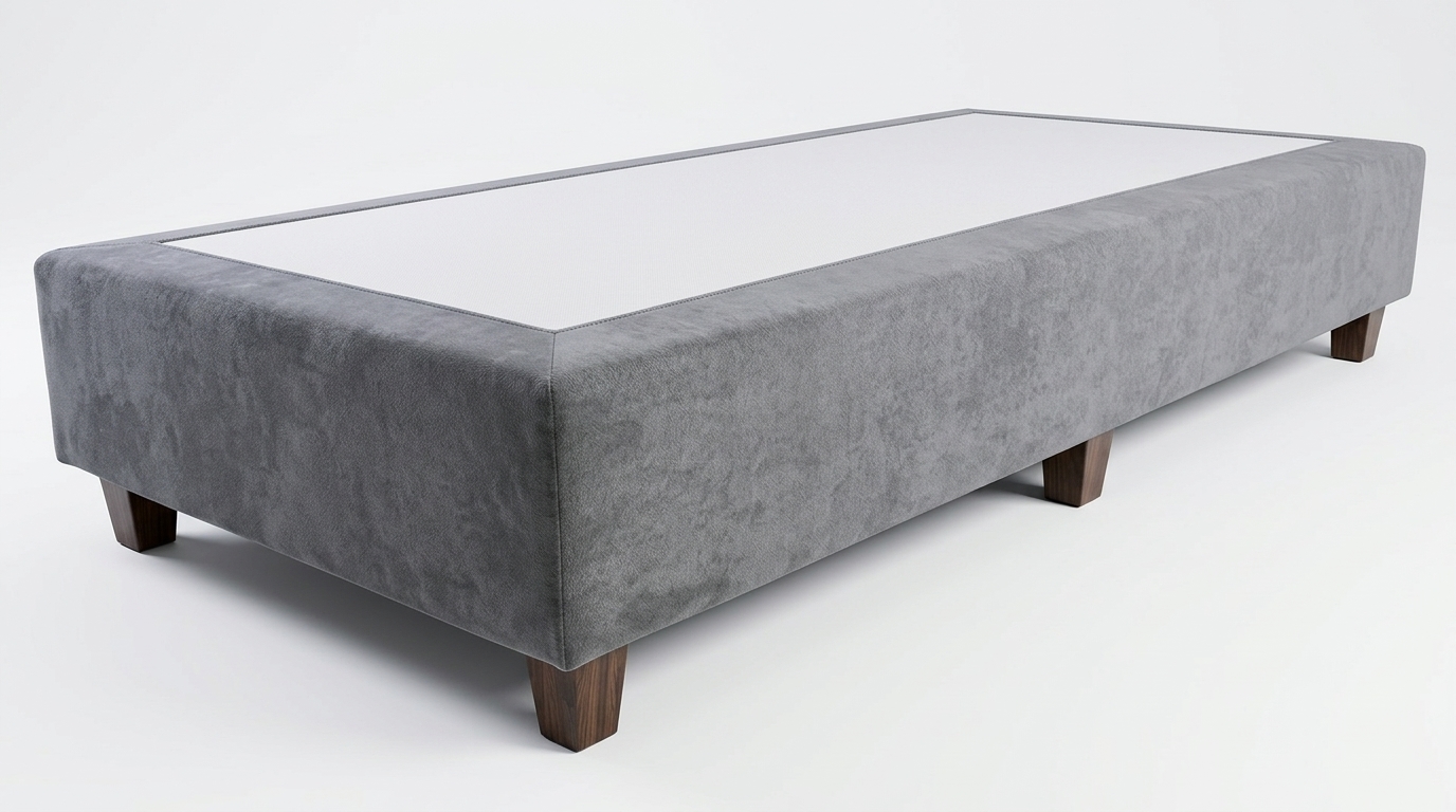 Bremafa Odense standaard boxspring in grijze meubelstof met donkere houten poten op witte achtergrond