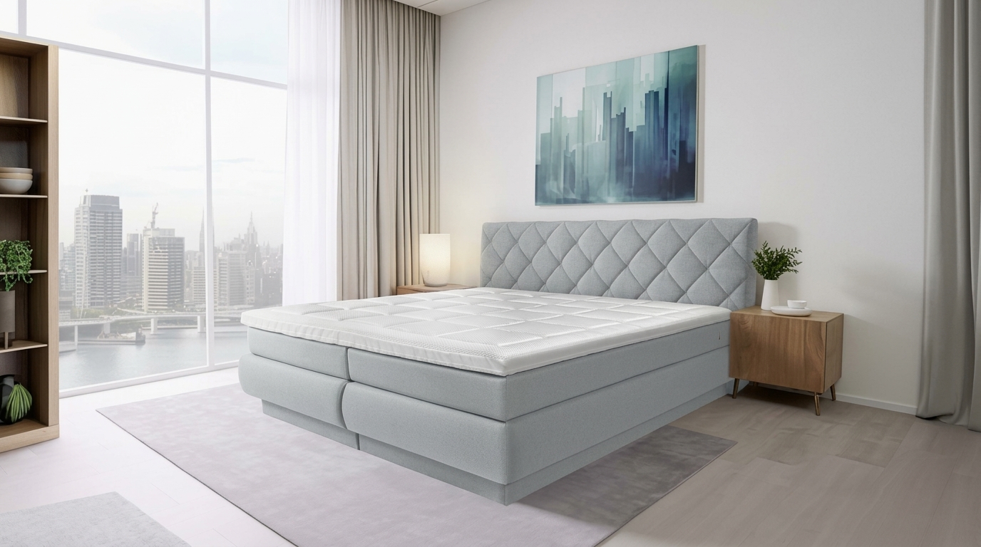 Grijs gestoffeerd ruitpatroon hoofdbord met luxe boxspring matras van Bremafa in een moderne slaapkamer