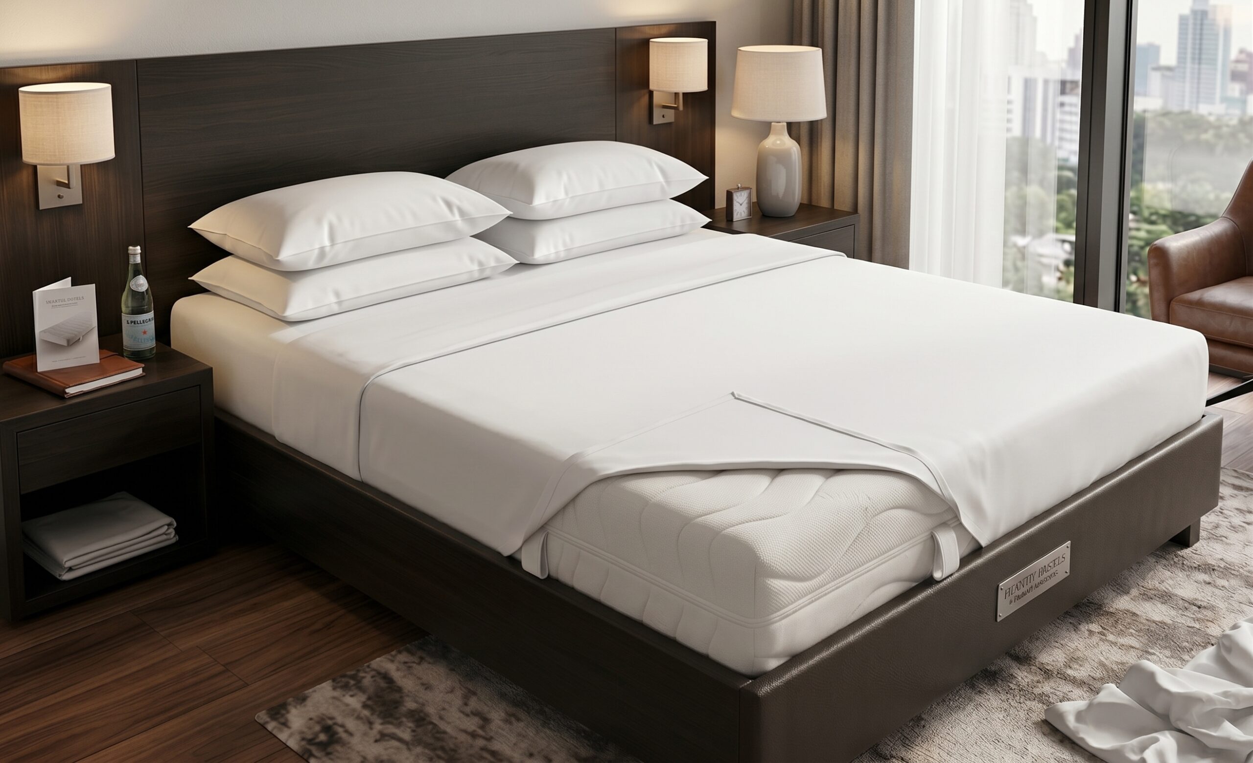Professioneel opgemaakt hotelbed in een moderne kamer, gebruikt als sfeerbeeld voor het tonen van de kwaliteit van Bremafa matrassen die ook op maat leverbaar zijn.