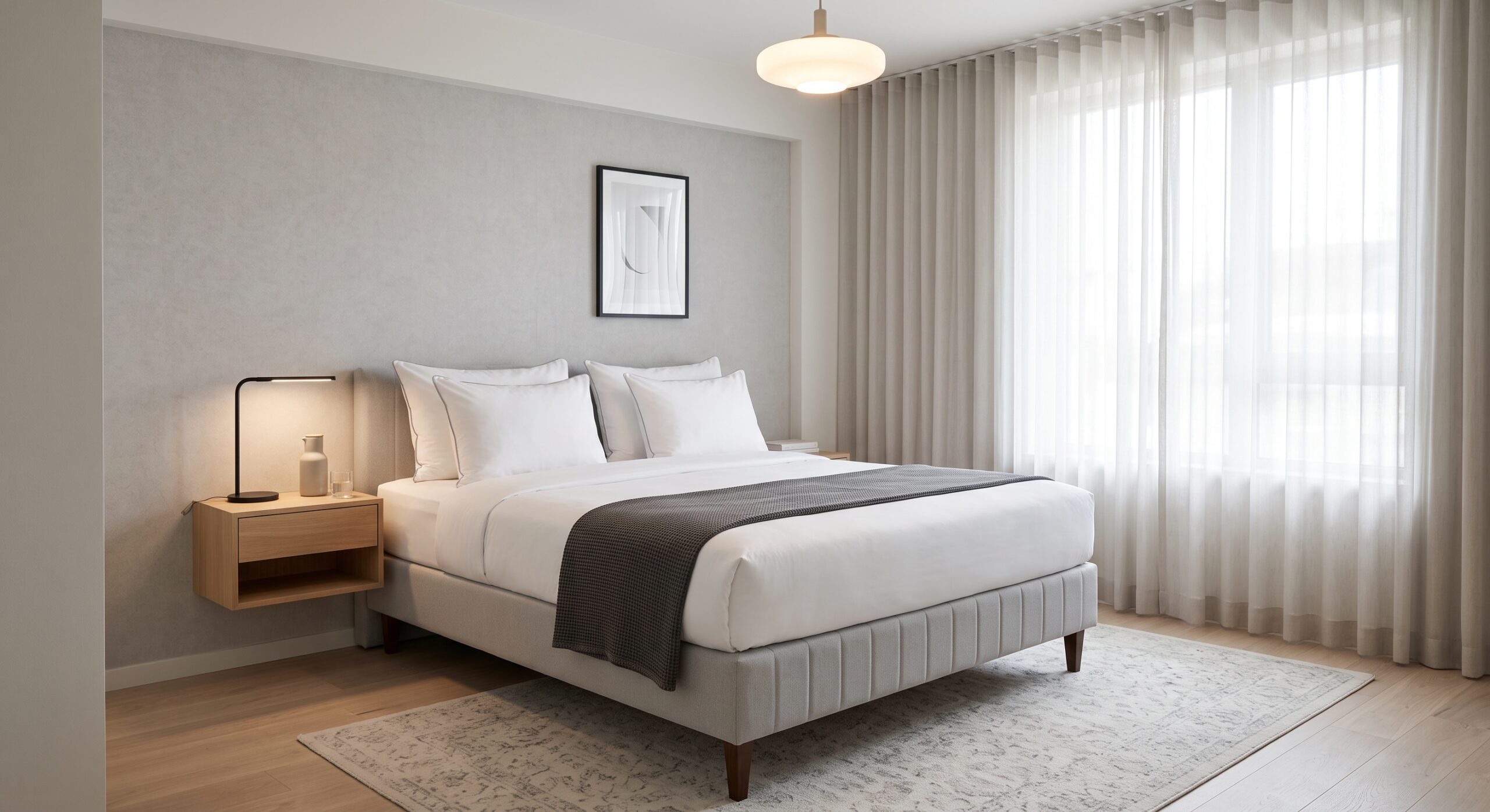 Modern opgemaakt boxspring bed met hoogwaardig matras in een stijlvolle hotelkamer, ter illustratie van inkoop via een matrassenfabrikant.