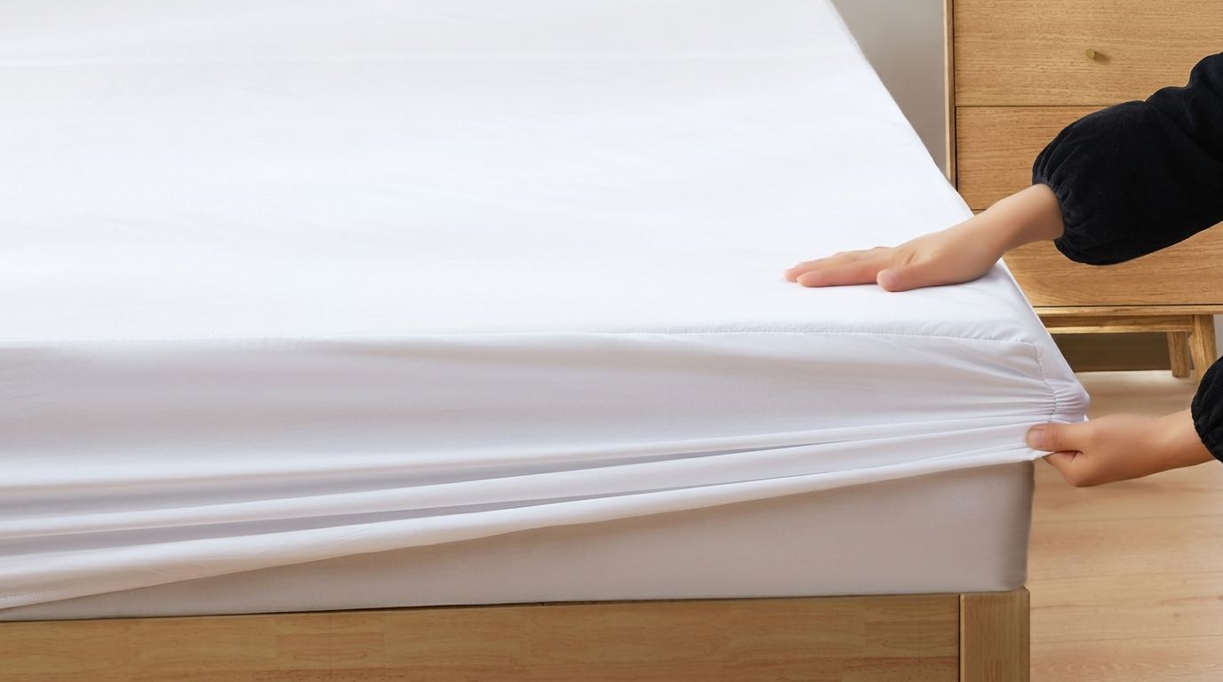 Handen trekken een wit brandvertragend hoeslaken van Bremafa strak om de hoek van een matras