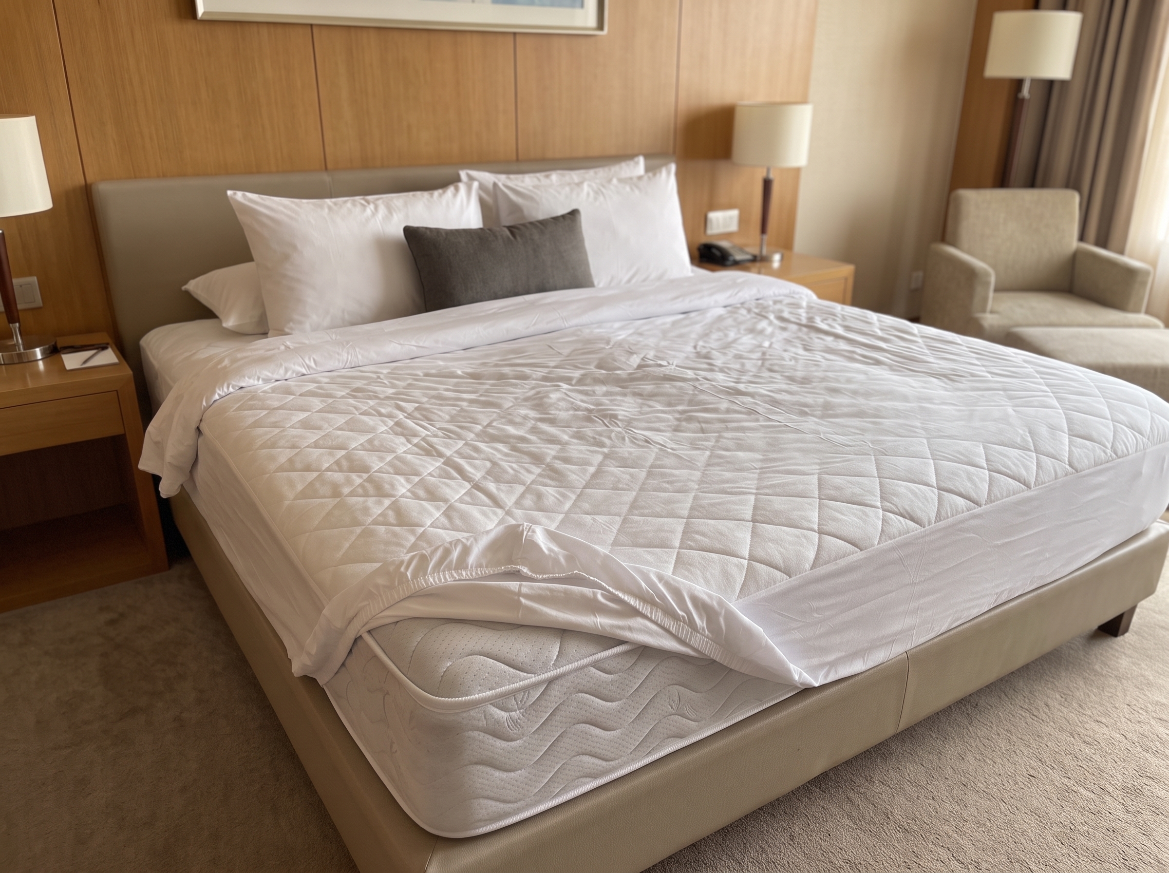 Bremafa Eco-Line CO2-neutraal koudschuim hotelmatras met koudschuimkern en beschermende tijk in een luxe hotelkamer.