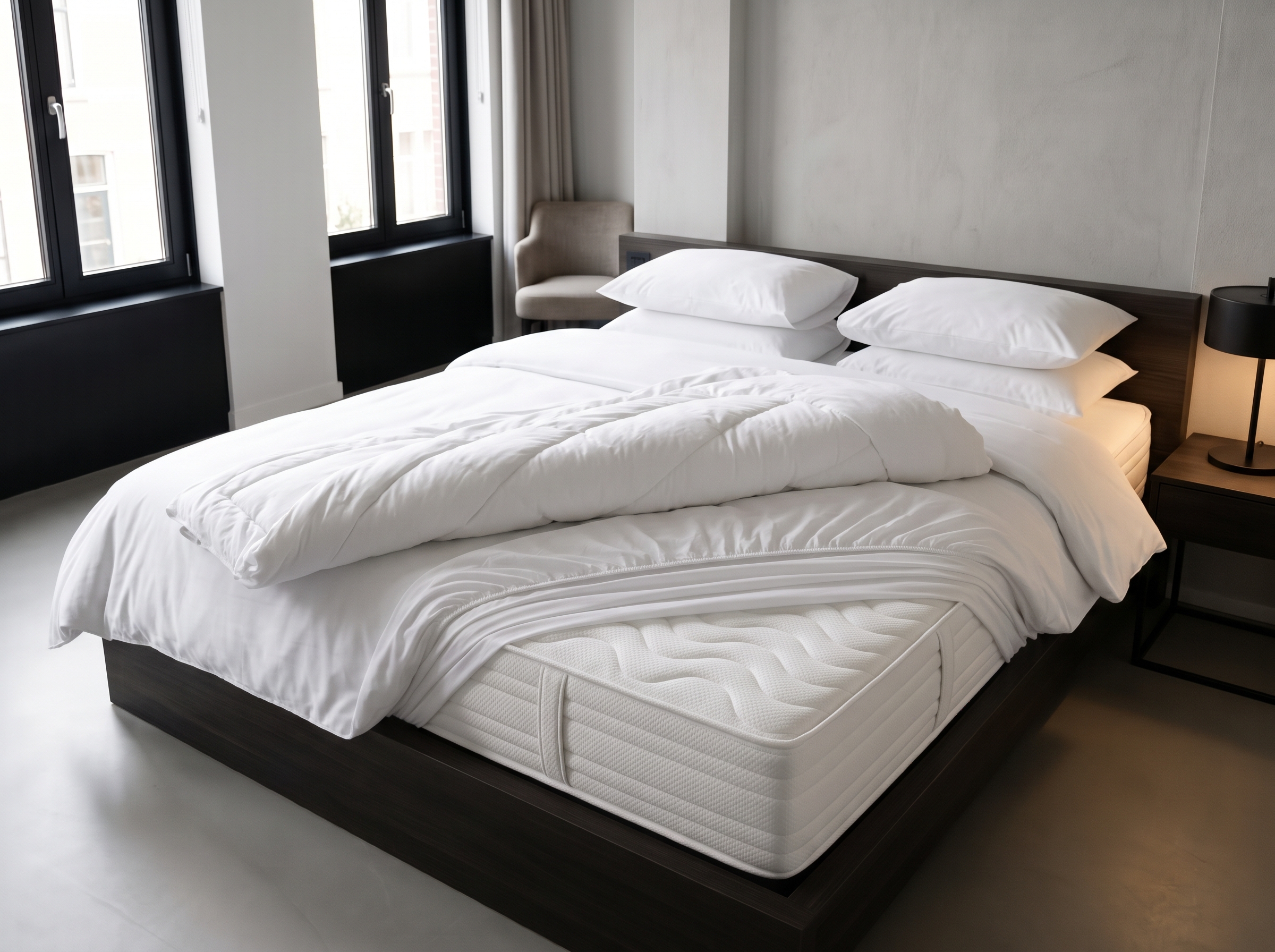 duurzaam-koudschuim-hotelmatras-meerdere-lagen-nederlands-hotel Duurzaam koudschuim hotelmatras met gewatteerde tijk, getoond onder meerdere beschermende lagen zoals een tijkbeschermer en bedlakens in een moderne, minimalistische Nederlandse hotelkamer.