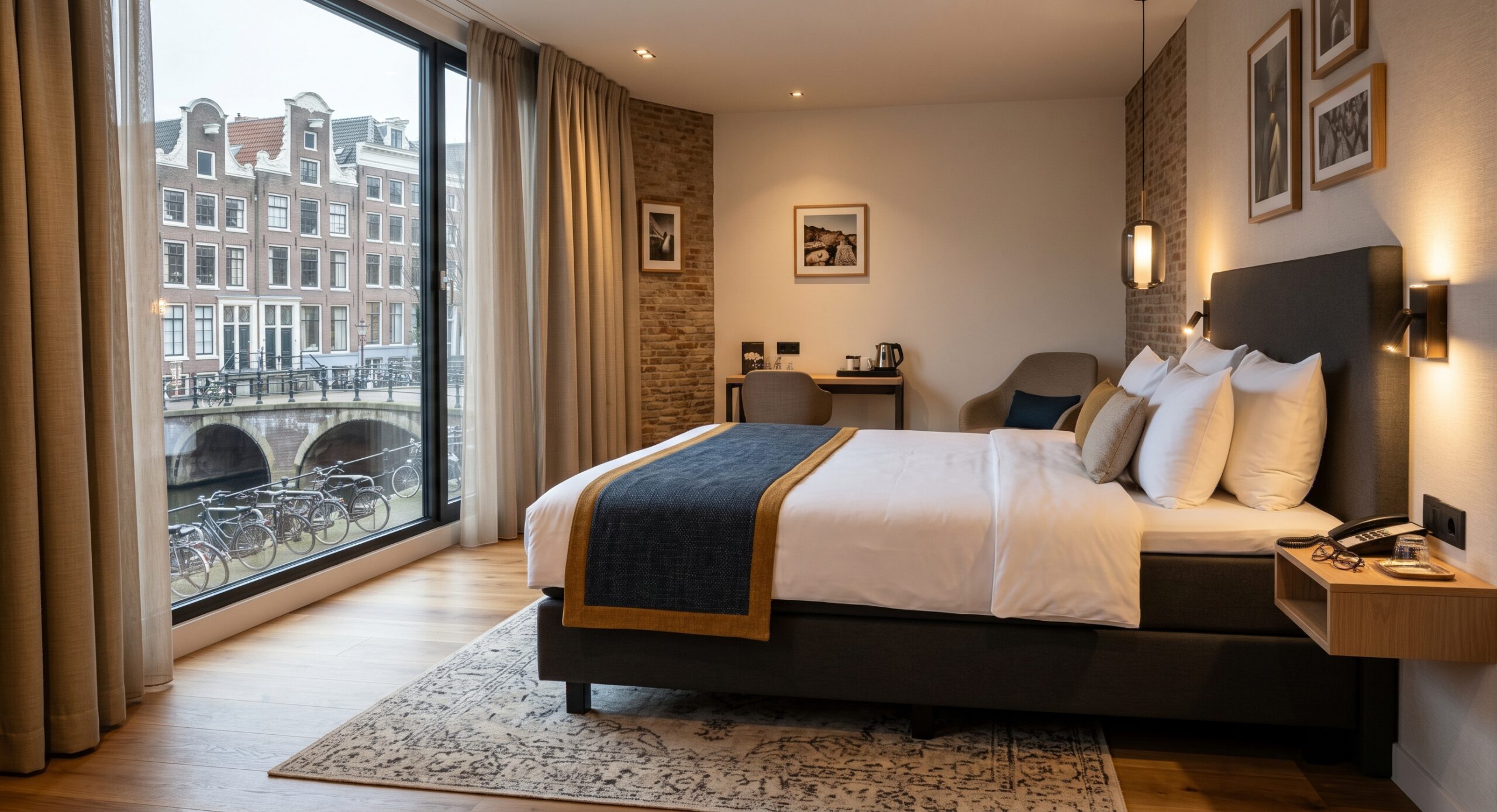 Donkergrijze tweepersoons boxspring met een blauw en okergeel sprei in een moderne hotelkamer, voorzien van een bakstenen accentmuur en grote ramen met uitzicht op een gracht in Amsterdam.