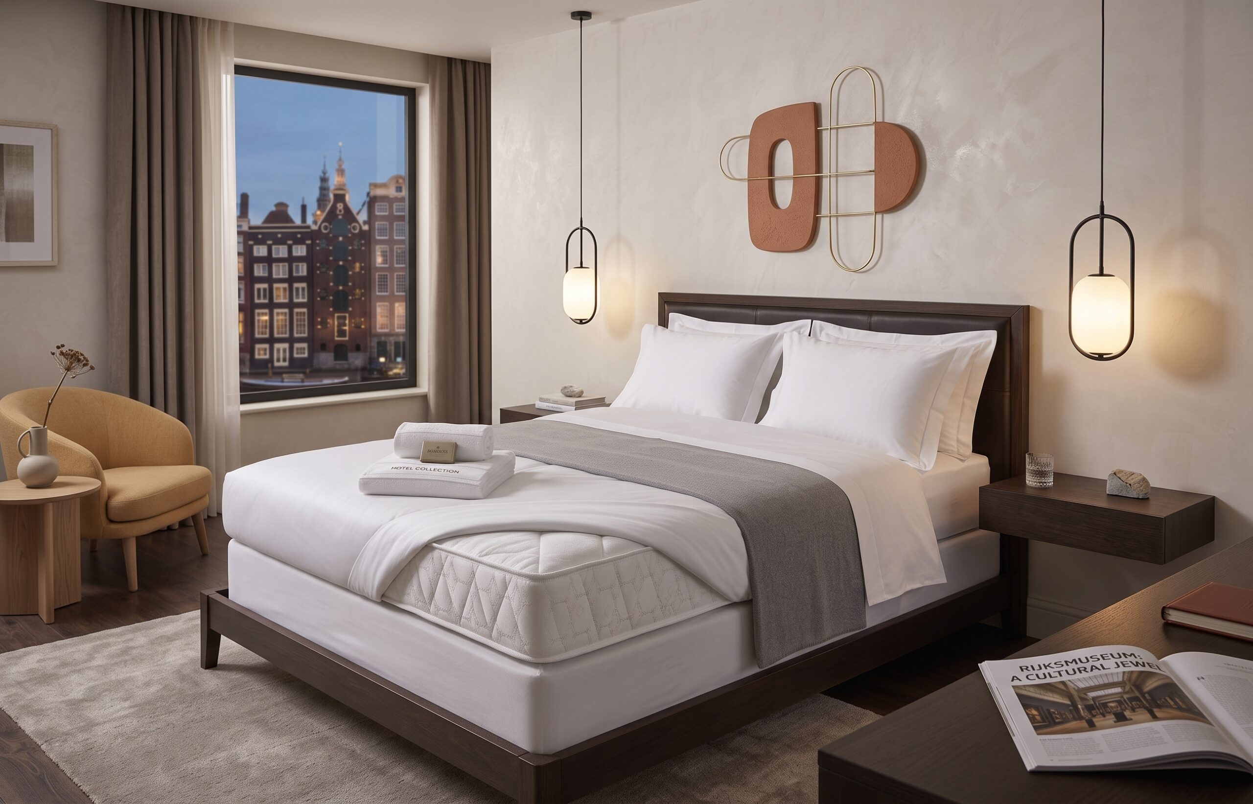 Een opgemaakt polyether matras van Bremafa in een stijlvolle kamer met zicht op stadsarchitectuur, wat het verschil in SG-waarde en dichtheid voor professioneel gebruik illustreert.